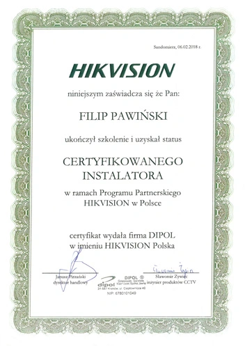 Certyfikat ukończenia szkolenia HikVision