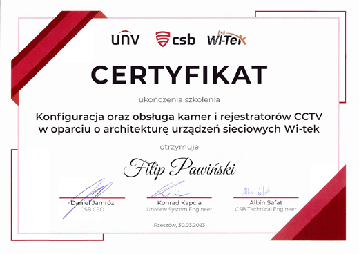 Certyfikat udziału w szkoleniu monitoringu cctv UNV WiTEK